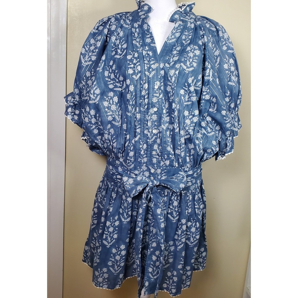 Juliet Dunn London 3 8 10 Blue Flower Print Pin Stripe Blouson Dress Peasant